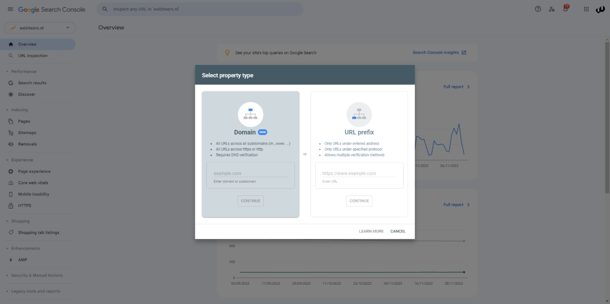 domain property in Google aanmaken